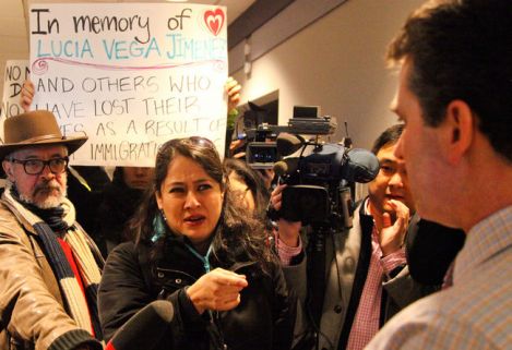 Mexican refugee Karla Lottini and other advocates deliver a 7,500-signature petition to CBSA's Vancouver offices Wednesday. Photo by David P. Ball